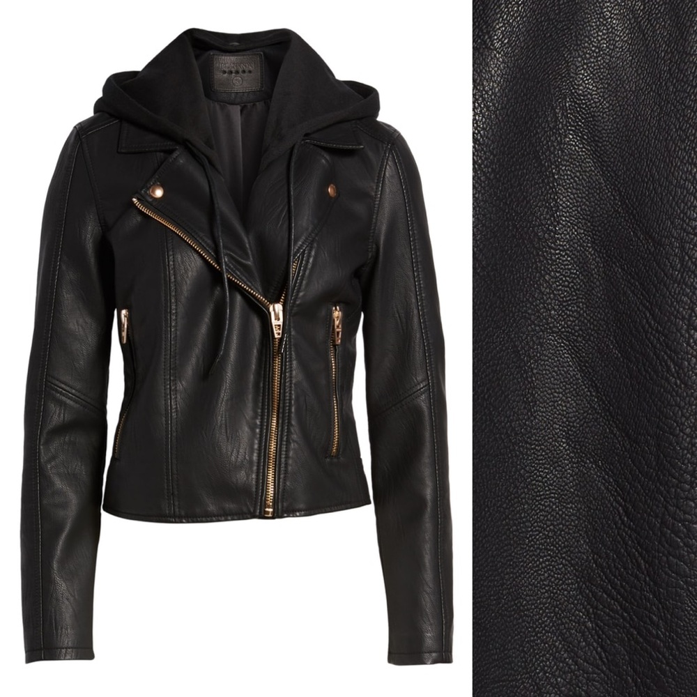 Blank NYC faux leather hooded Moto jacket